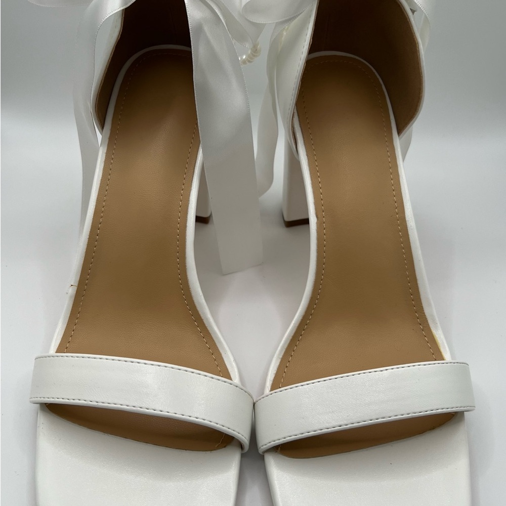 White Ankle-Tie Block Heel Sandals